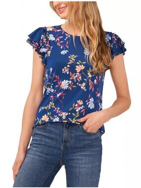 CeCe Women's Double-Ruffle Short-Sleeve Floral-Print Top Blue Size XS